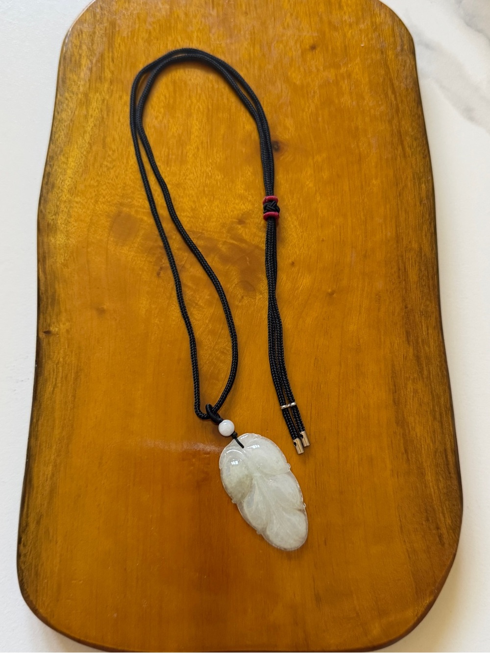 Hand-Carved White Jade Leaf Pendant Necklace with Black Cord